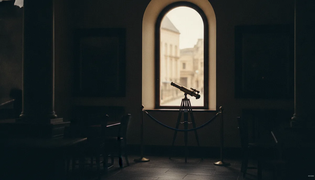 A dim observation gallery with a brass field telescope roped off before an arched window, looking out onto a soft, sunlit old-world street beyond — the vantage point every journey departs from.